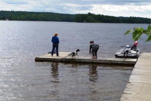 Image of people on the dock with a dog.